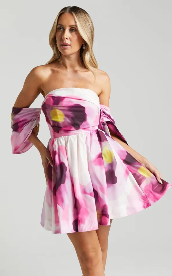 Showpo Claudie Off Shoulder Mini Dress In Zinnia Bloom Women Dresses