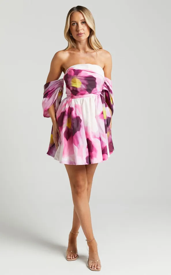 Showpo Claudie Off Shoulder Mini Dress In Zinnia Bloom Women Dresses