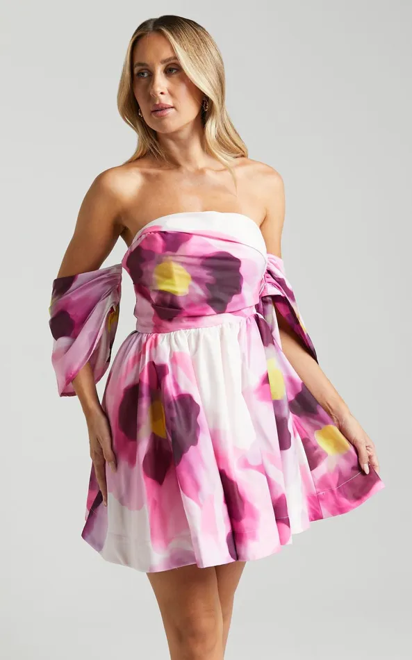 Showpo Claudie Off Shoulder Mini Dress In Zinnia Bloom Women Dresses