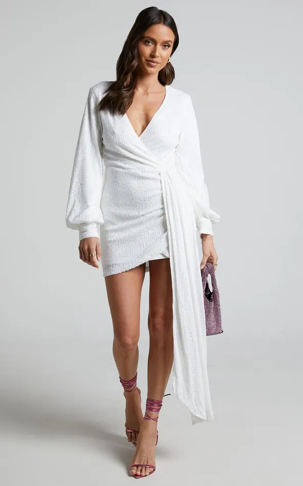 Showpo Claudilyn Mini Dress 8211 Sequin Drape Detail Long Sleeve Faux Wrap Dress In White Women Dresses