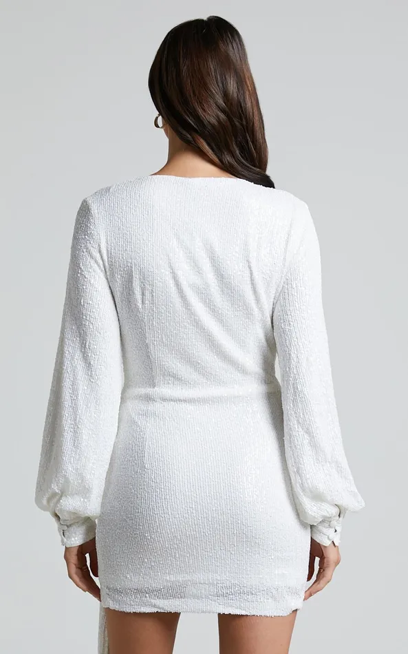 Showpo Claudilyn Mini Dress 8211 Sequin Drape Detail Long Sleeve Faux Wrap Dress In White Women Dresses
