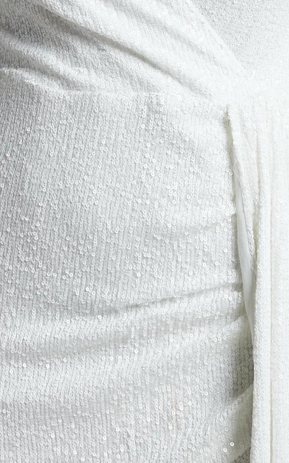 Showpo Claudilyn Mini Dress 8211 Sequin Drape Detail Long Sleeve Faux Wrap Dress In White Women Dresses