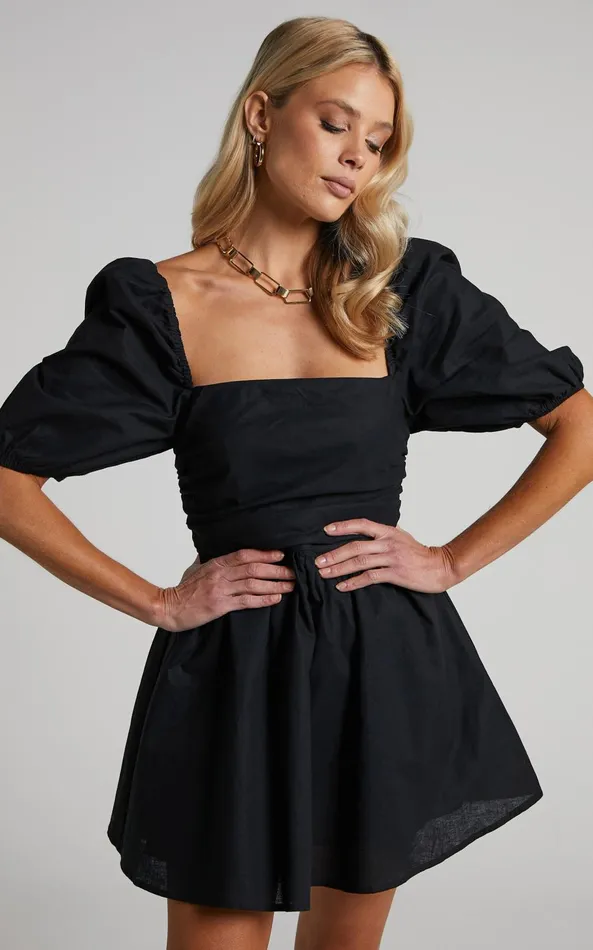 Showpo Claudina Mini Dress 8211 Linen Look Puff Sleeve Ruched Bodice Dress In Black Women Curve Clothes Showpo Claudina Mini Dress 8211 Linen Look Puff Sleeve Ruched Bodice Dress In Black Women Curve Clothes