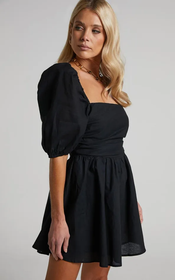 Showpo Claudina Mini Dress 8211 Linen Look Puff Sleeve Ruched Bodice Dress In Black Women Curve Clothes