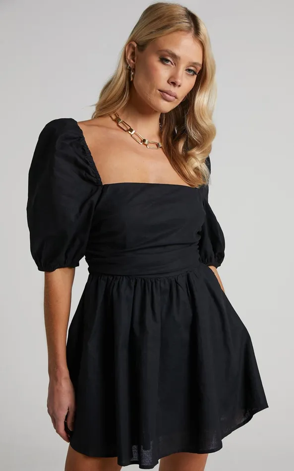 Showpo Claudina Mini Dress 8211 Linen Look Puff Sleeve Ruched Bodice Dress In Black Women Curve Clothes