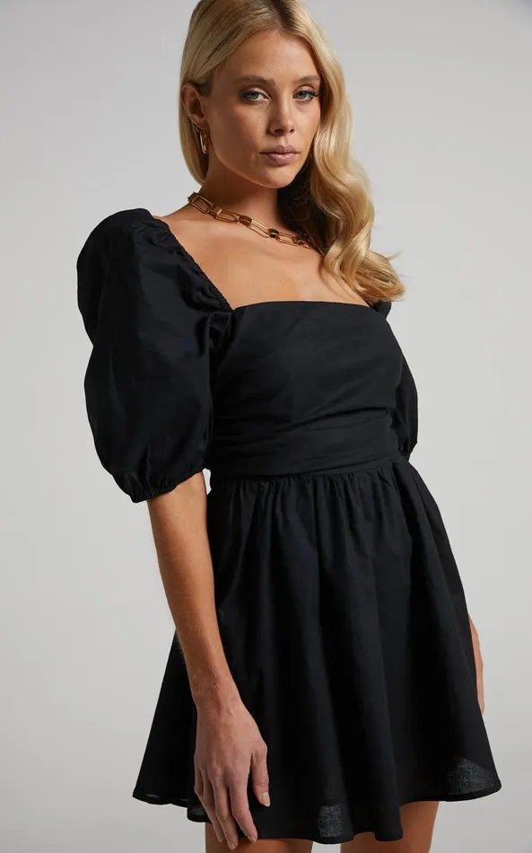 Showpo Claudina Mini Dress 8211 Linen Look Puff Sleeve Ruched Bodice Dress In Black Women Curve Clothes