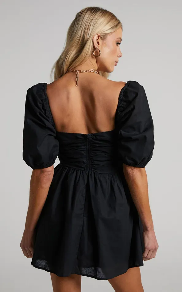 Showpo Claudina Mini Dress 8211 Linen Look Puff Sleeve Ruched Bodice Dress In Black Women Curve Clothes