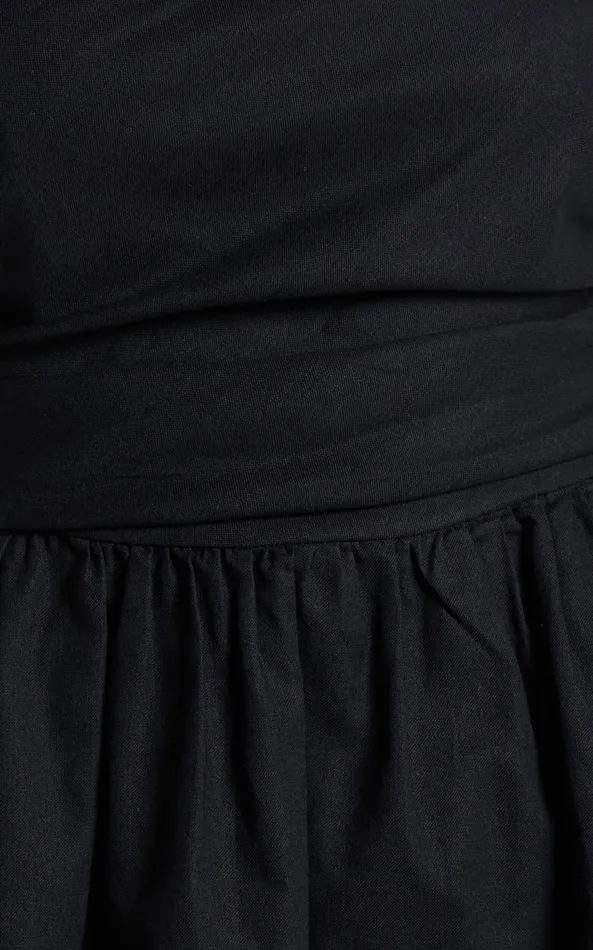 Showpo Claudina Mini Dress 8211 Linen Look Puff Sleeve Ruched Bodice Dress In Black Women Curve Clothes