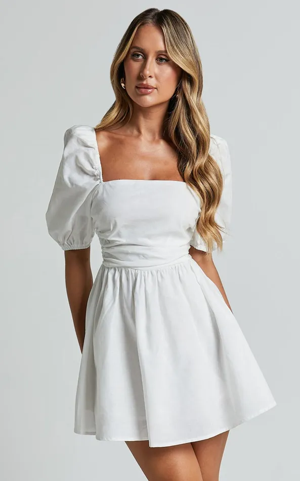 Showpo Claudina Mini Dress 8211 Linen Look Puff Sleeve Ruched Bodice Dress In White Women Dresses