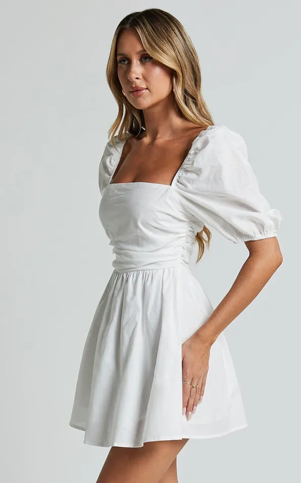 Showpo Claudina Mini Dress 8211 Linen Look Puff Sleeve Ruched Bodice Dress In White Women Dresses