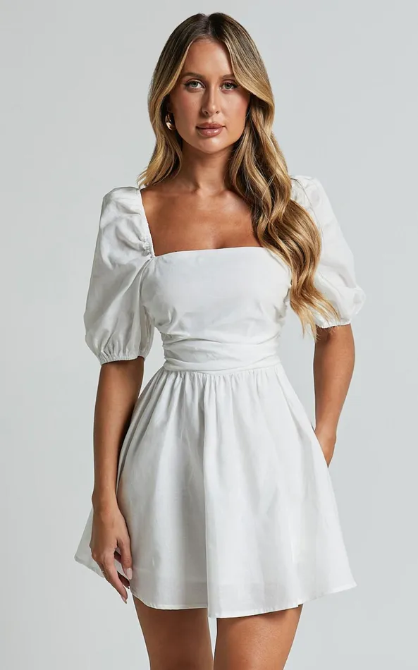Showpo Claudina Mini Dress 8211 Linen Look Puff Sleeve Ruched Bodice Dress In White Women Dresses