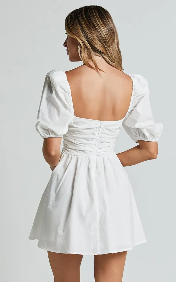 Showpo Claudina Mini Dress 8211 Linen Look Puff Sleeve Ruched Bodice Dress In White Women Dresses