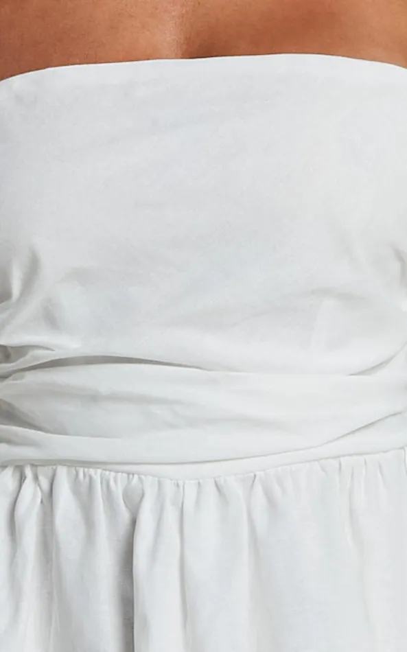 Showpo Claudina Mini Dress 8211 Linen Look Puff Sleeve Ruched Bodice Dress In White Women Dresses