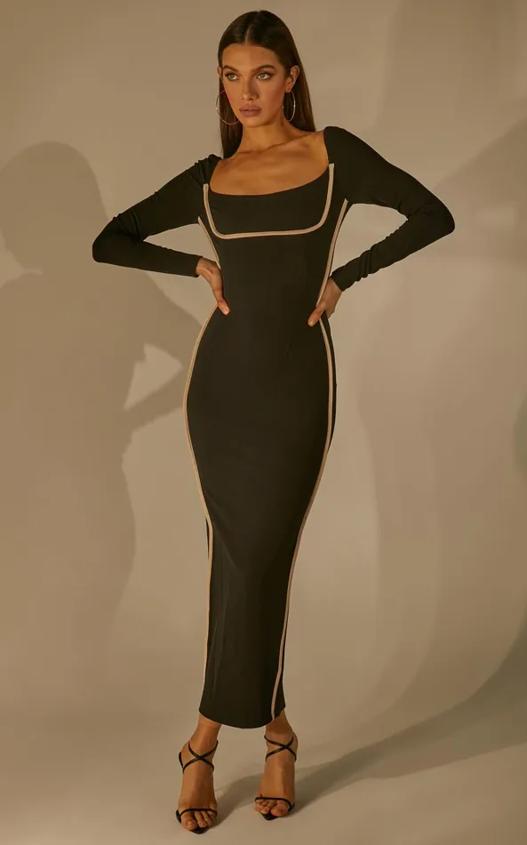 Showpo Claudine Midi Dress 8211 Bodycon Long Sleeve Contrast Stitch Dress In Black Women Dresses