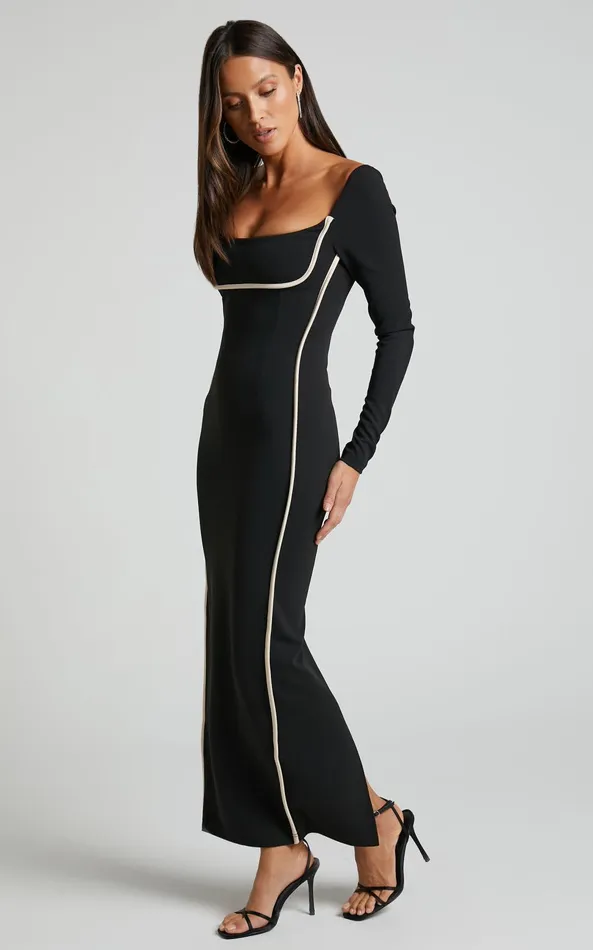 Showpo Claudine Midi Dress 8211 Bodycon Long Sleeve Contrast Stitch Dress In Black Women Dresses