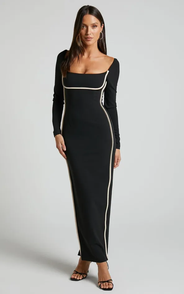 Showpo Claudine Midi Dress 8211 Bodycon Long Sleeve Contrast Stitch Dress In Black Women Dresses