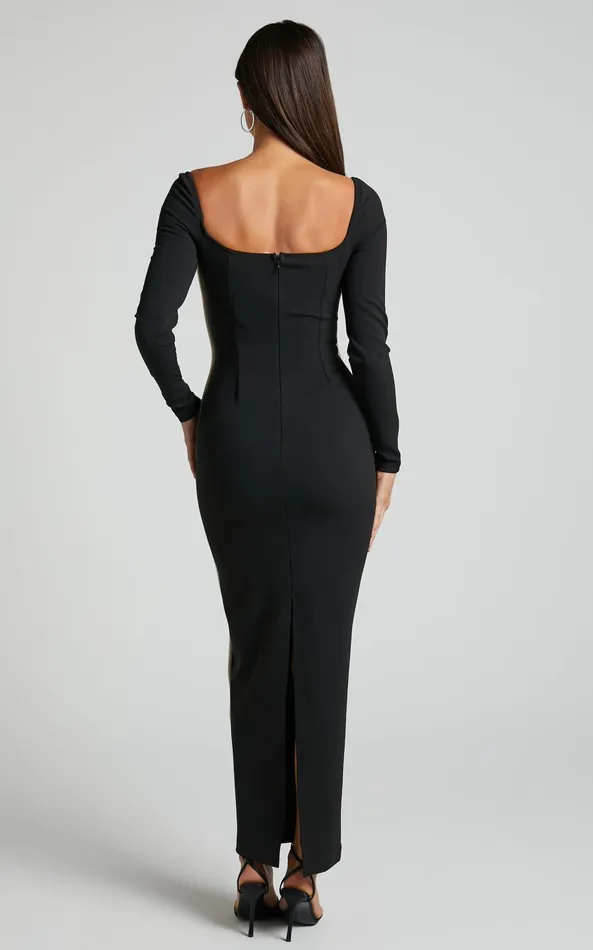 Showpo Claudine Midi Dress 8211 Bodycon Long Sleeve Contrast Stitch Dress In Black Women Dresses
