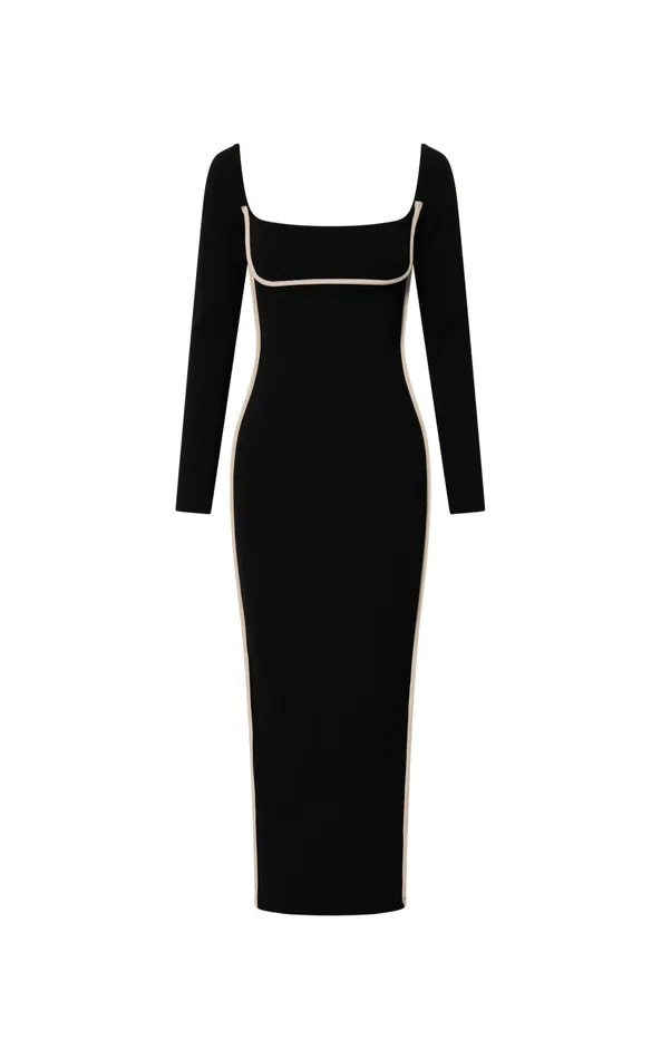 Showpo Claudine Midi Dress 8211 Bodycon Long Sleeve Contrast Stitch Dress In Black Women Dresses