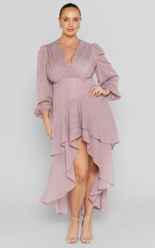 Showpo Claudita Midi Dress 8211 Long Sleeve High Low Hem Dress In Dusty Rose Women Curve Clothes