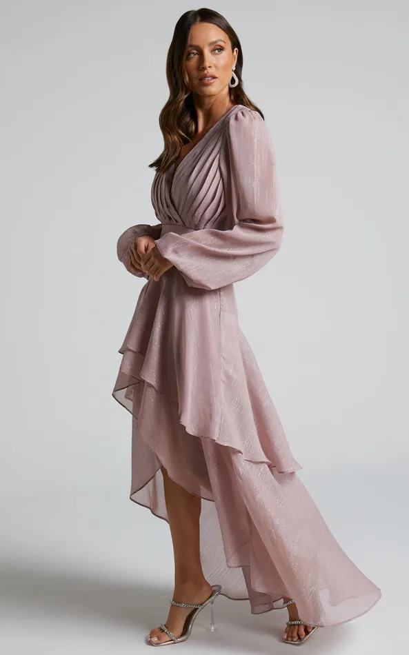Showpo Claudita Midi Dress 8211 Long Sleeve High Low Hem Dress In Dusty Rose Women Curve Clothes