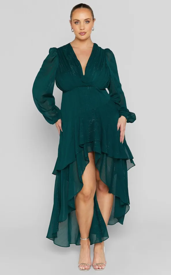 Showpo Claudita Midi Dress 8211 Long Sleeve High Low Hem Dress In Emerald Women Curve Clothes