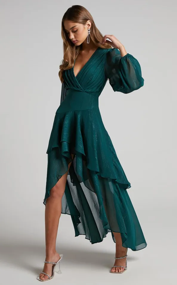 Showpo Claudita Midi Dress 8211 Long Sleeve High Low Hem Dress In Emerald Women Curve Clothes