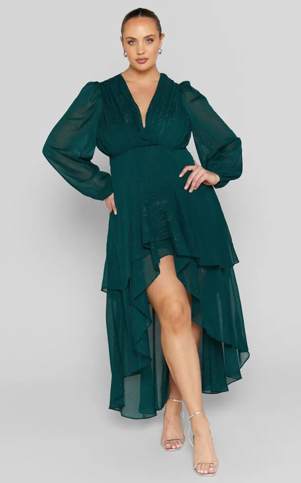 Showpo Claudita Midi Dress 8211 Long Sleeve High Low Hem Dress In Emerald Women Curve Clothes