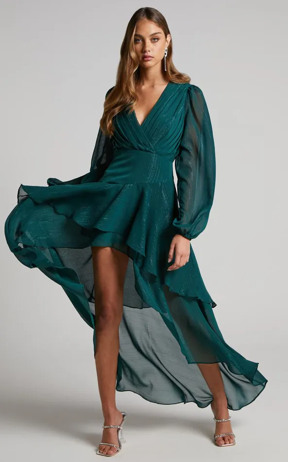 Showpo Claudita Midi Dress 8211 Long Sleeve High Low Hem Dress In Emerald Women Curve Clothes