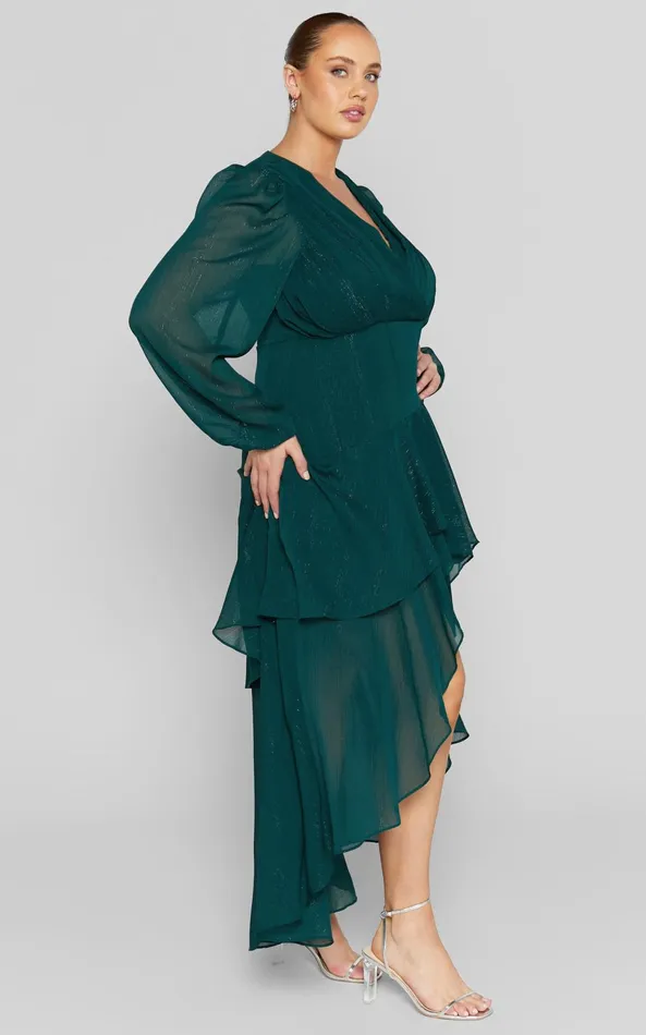 Showpo Claudita Midi Dress 8211 Long Sleeve High Low Hem Dress In Emerald Women Curve Clothes