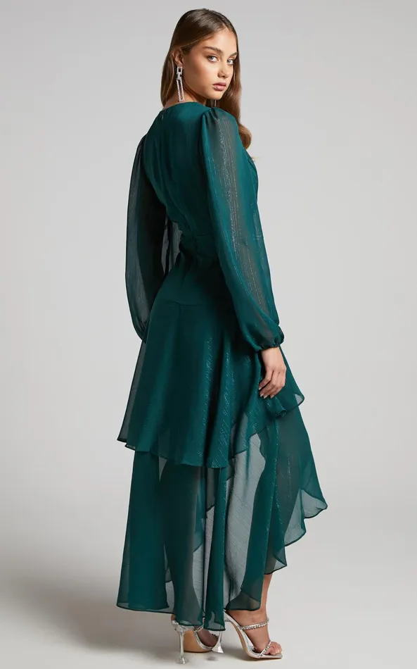 Showpo Claudita Midi Dress 8211 Long Sleeve High Low Hem Dress In Emerald Women Curve Clothes