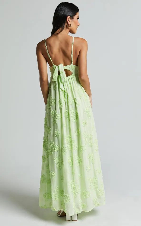 Showpo Claya Maxi Dress 8211 Sleeveless Straight Neckline Floral Detail Dress In Lime Women Dresses