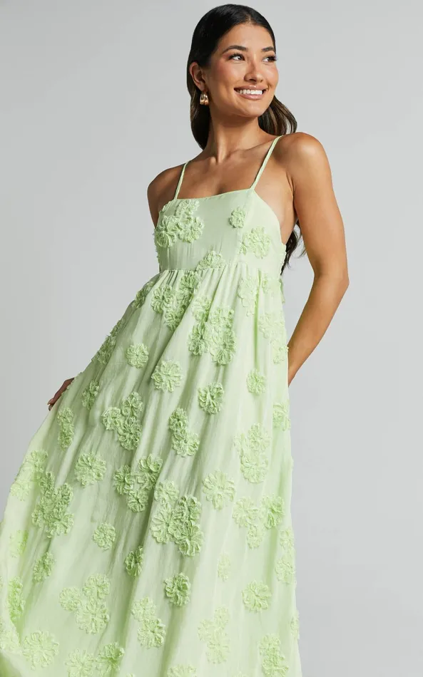 Showpo Claya Maxi Dress 8211 Sleeveless Straight Neckline Floral Detail Dress In Lime Women Dresses