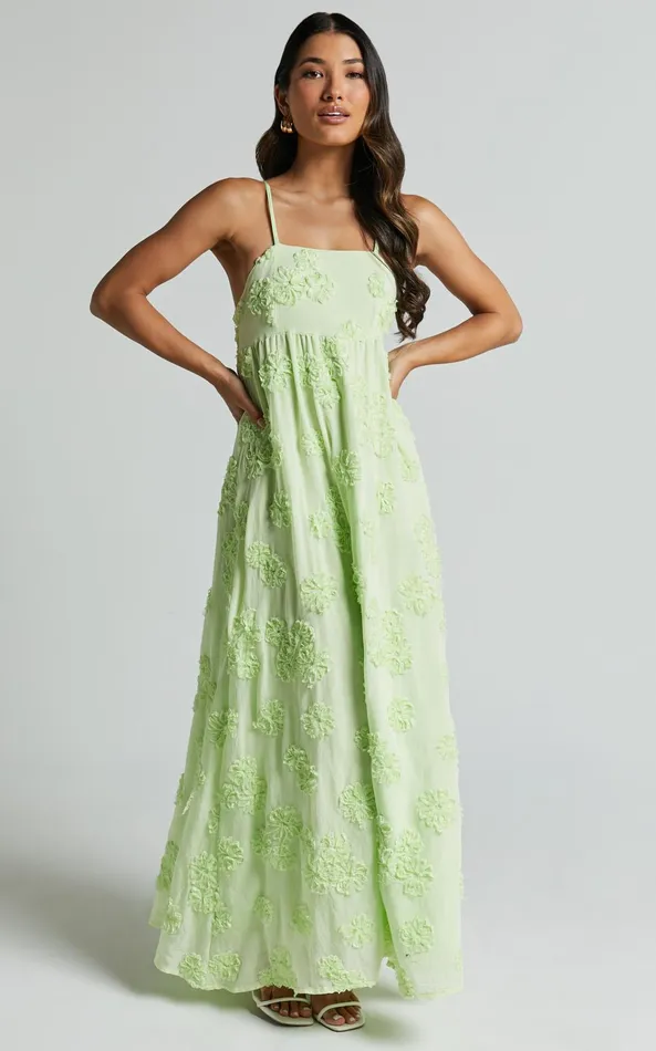 Showpo Claya Maxi Dress 8211 Sleeveless Straight Neckline Floral Detail Dress In Lime Women Dresses