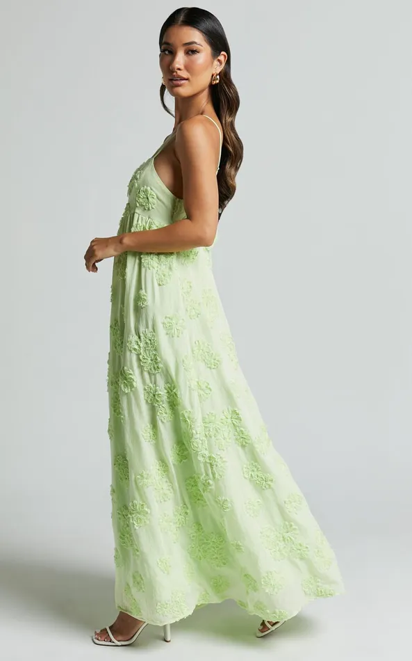 Showpo Claya Maxi Dress 8211 Sleeveless Straight Neckline Floral Detail Dress In Lime Women Dresses