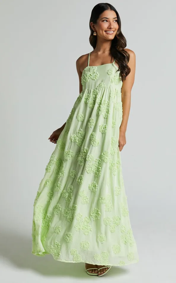 Showpo Claya Maxi Dress 8211 Sleeveless Straight Neckline Floral Detail Dress In Lime Women Dresses