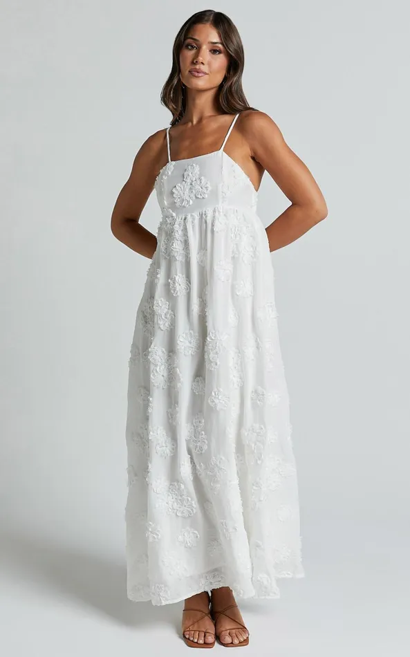 Showpo Claya Maxi Dress 8211 Sleeveless Straight Neckline Floral Detail Dress In White Embroidery Women Dresses Showpo Claya Maxi Dress 8211 Sleeveless Straight Neckline Floral Detail Dress In White Embroidery Women Dresses