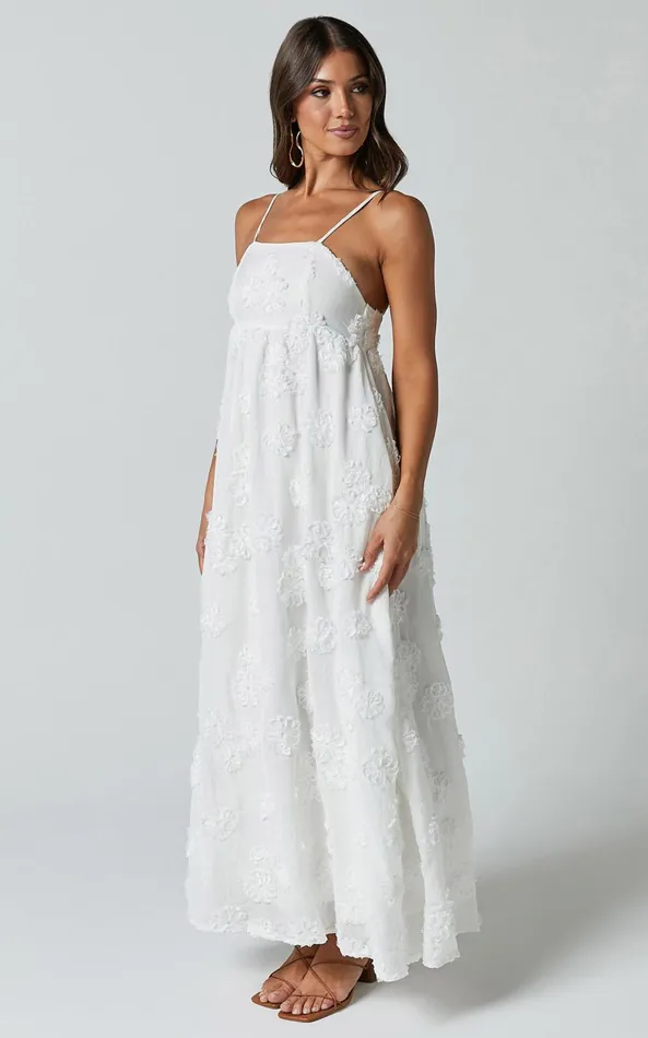 Showpo Claya Maxi Dress 8211 Sleeveless Straight Neckline Floral Detail Dress In White Embroidery Women Dresses