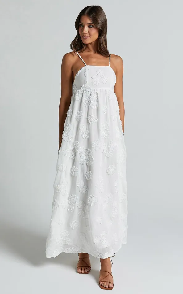 Showpo Claya Maxi Dress 8211 Sleeveless Straight Neckline Floral Detail Dress In White Embroidery Women Dresses