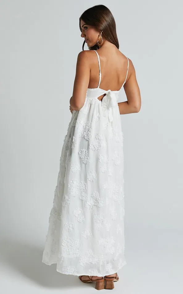 Showpo Claya Maxi Dress 8211 Sleeveless Straight Neckline Floral Detail Dress In White Embroidery Women Dresses