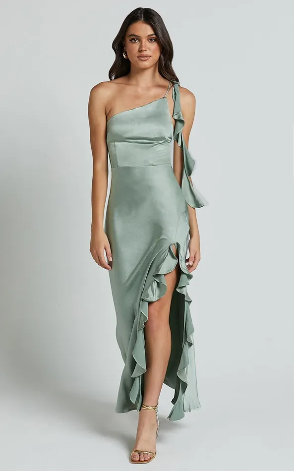 Showpo Cleo Midi Dress 8211 One Shoulder Ruffle Detail Satin Dress In Sage Women Dresses Showpo Cleo Midi Dress 8211 One Shoulder Ruffle Detail Satin Dress In Sage Women Dresses