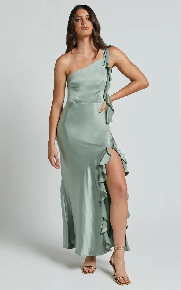 Showpo Cleo Midi Dress 8211 One Shoulder Ruffle Detail Satin Dress In Sage Women Dresses