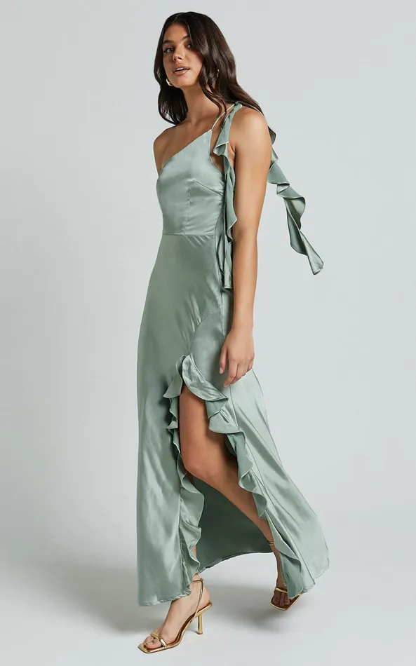 Showpo Cleo Midi Dress 8211 One Shoulder Ruffle Detail Satin Dress In Sage Women Dresses