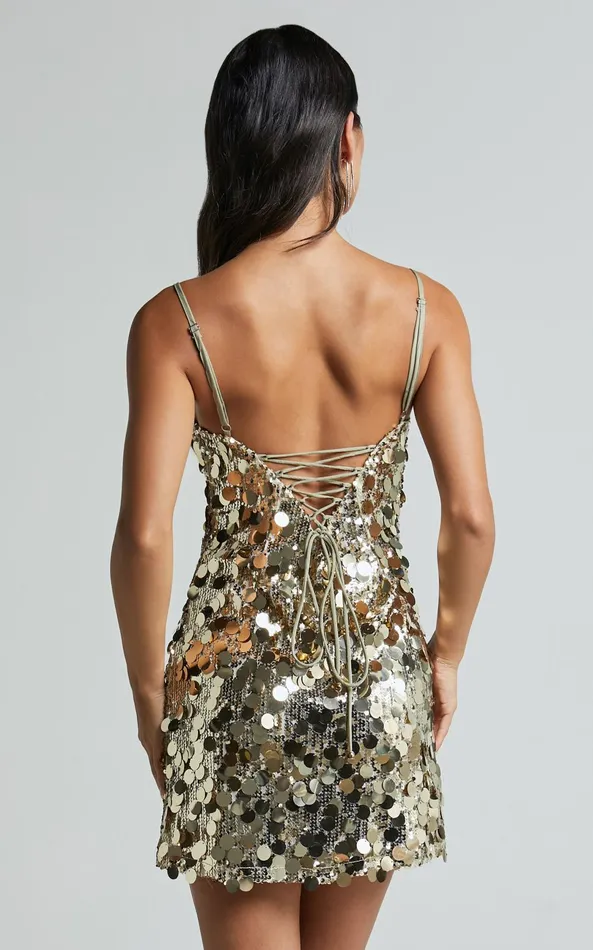 Showpo Cleo Mini Dress 8211 Circle Sequin Mini Dress In Light Gold Women Dresses
