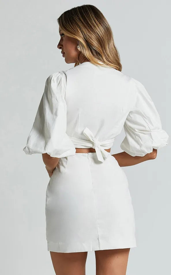 Showpo Cleo Two Piece Set 8211 Balloon Sleeve Wrap Top And Mini Skirt Set In White Women Dresses
