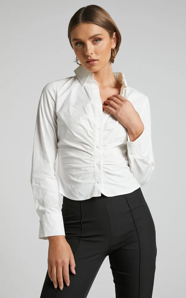 Showpo Cleone Shirt 8211 Ruched Front Button Up Shirt In White Women Curve Clothes