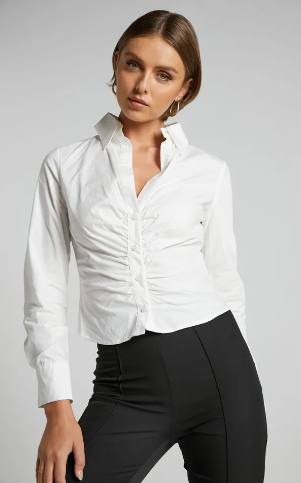 Showpo Cleone Shirt 8211 Ruched Front Button Up Shirt In White Women Curve Clothes