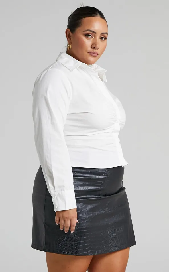 Showpo Cleone Shirt 8211 Ruched Front Button Up Shirt In White Women Curve Clothes