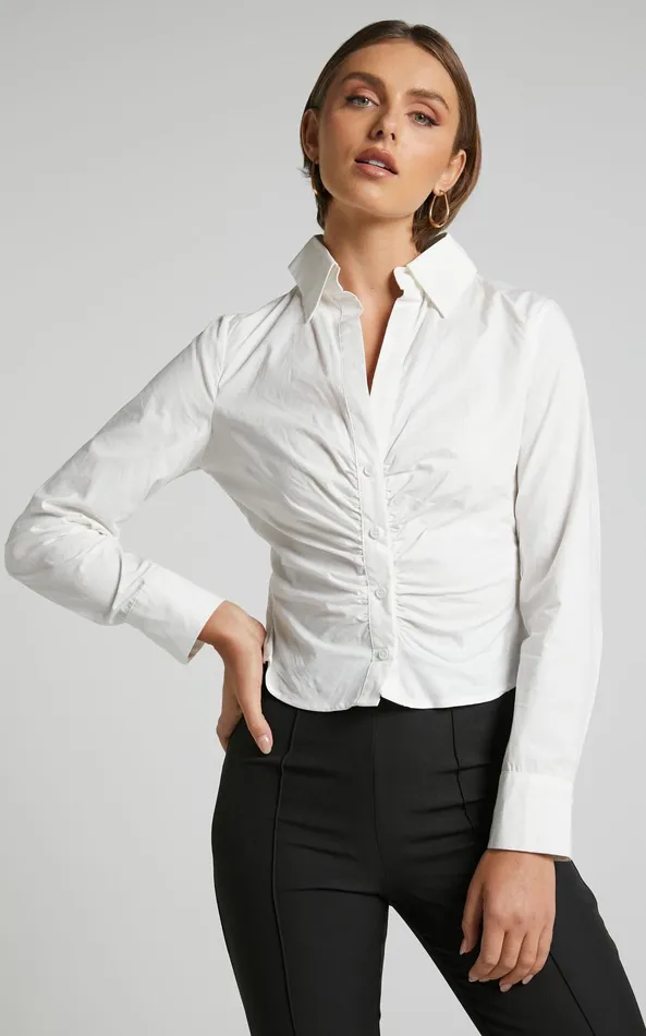 Showpo Cleone Shirt 8211 Ruched Front Button Up Shirt In White Women Curve Clothes