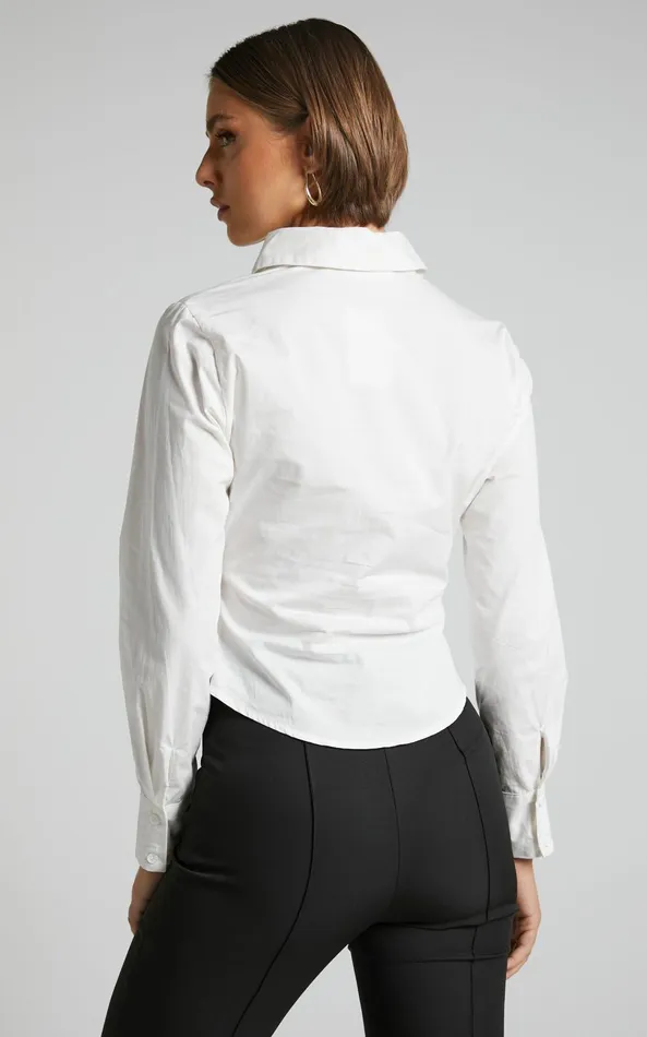 Showpo Cleone Shirt 8211 Ruched Front Button Up Shirt In White Women Curve Clothes