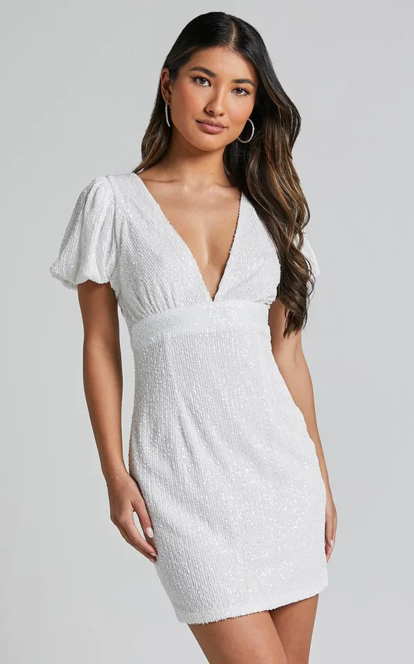 Showpo Cleonna Mini Dress 8211 Short Puff Sleeve Plunge Neck Sequin Bodycon In White Women Dresses Showpo Cleonna Mini Dress 8211 Short Puff Sleeve Plunge Neck Sequin Bodycon In White Women Dresses